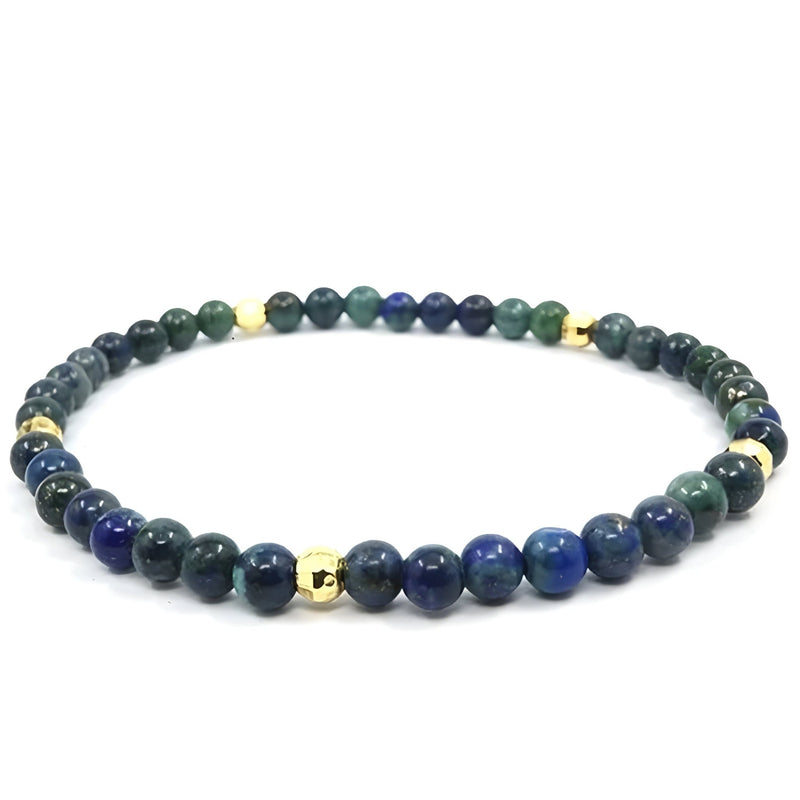 Trio de bracelets tibétains pour homme en perles lapis lazuli bleu et argent doré.