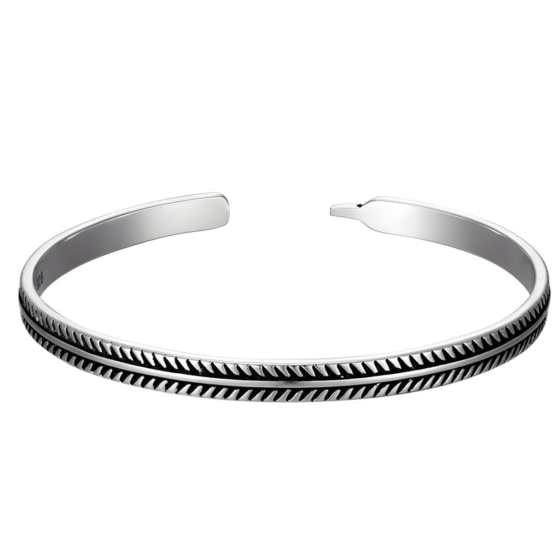 Bracelet tibétain homme en argent avec motif chevrons gravés, finition mate et brillante.