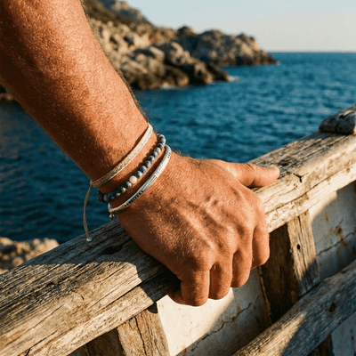 Trio of Tibetan good luck bracelets, in agate and silver, for men, Elliot model