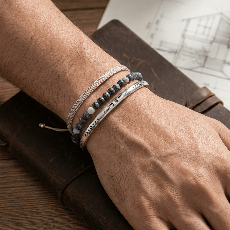 Trio de pulseras tibetanas de la suerte, en ágata y plata, para hombre, modelo Elliot