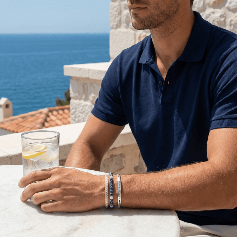 Trio de pulseras tibetanas de la suerte, en ágata y plata, para hombre, modelo Elliot