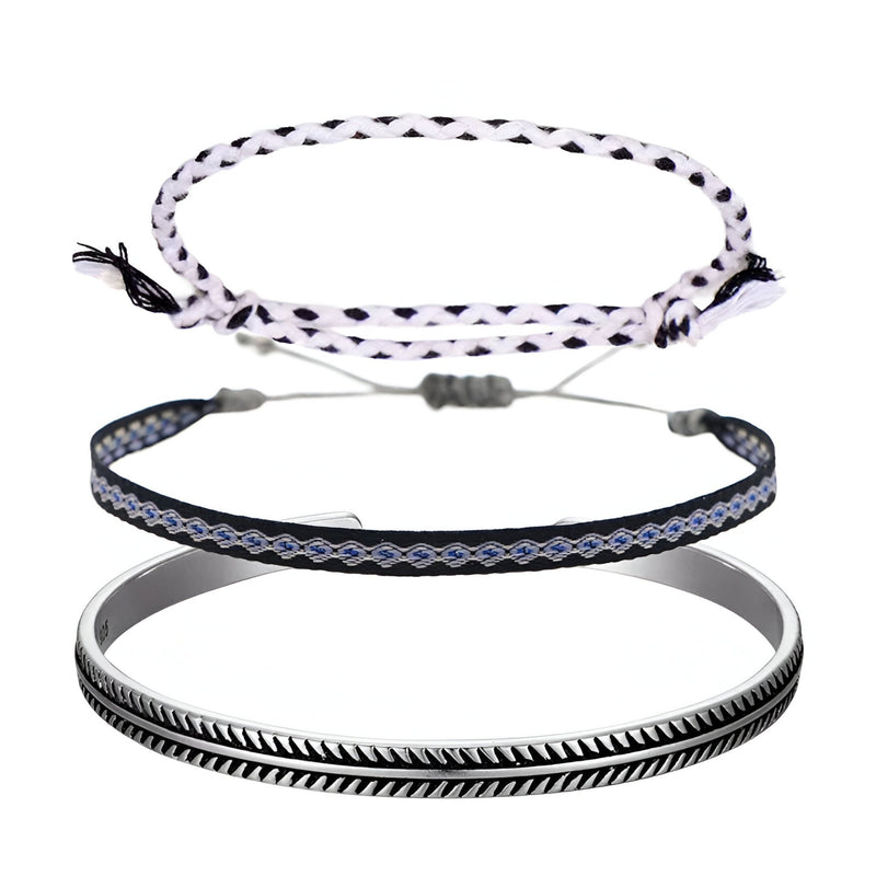 Trio de bracelets tibétains noir et blanc en coton, corde et cuivre pour homme, design Gustavo.