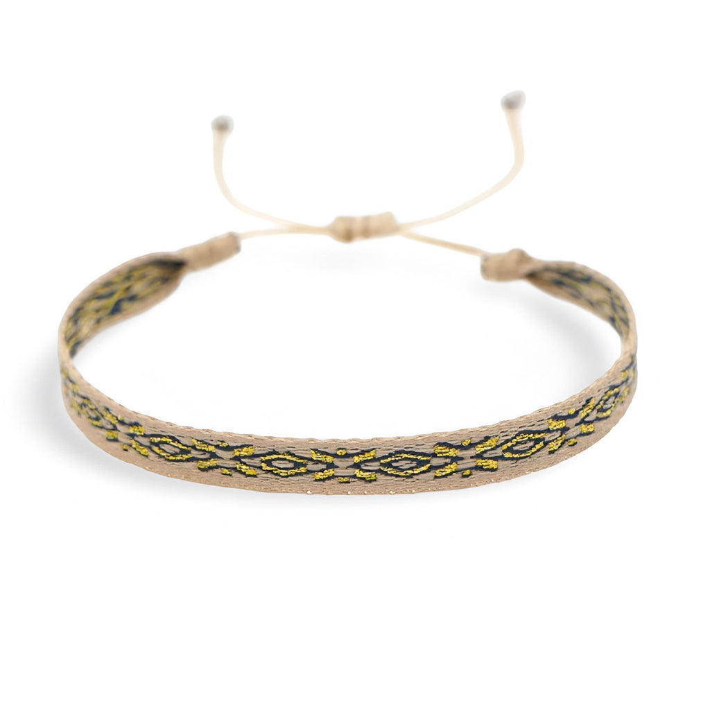 Bracelet tibétain bleu en coton avec motifs géométriques noirs et cuivre, réglable homme.