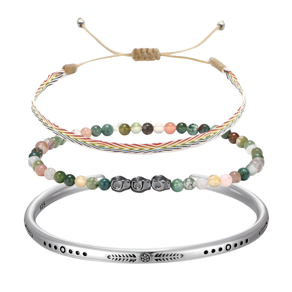 Trio de bracelets homme en jaspe multicolore et argent avec cordon tressé et perles rondes.