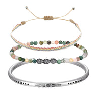 Trio de bracelets homme en jaspe multicolore et argent avec cordon tressé et perles rondes.