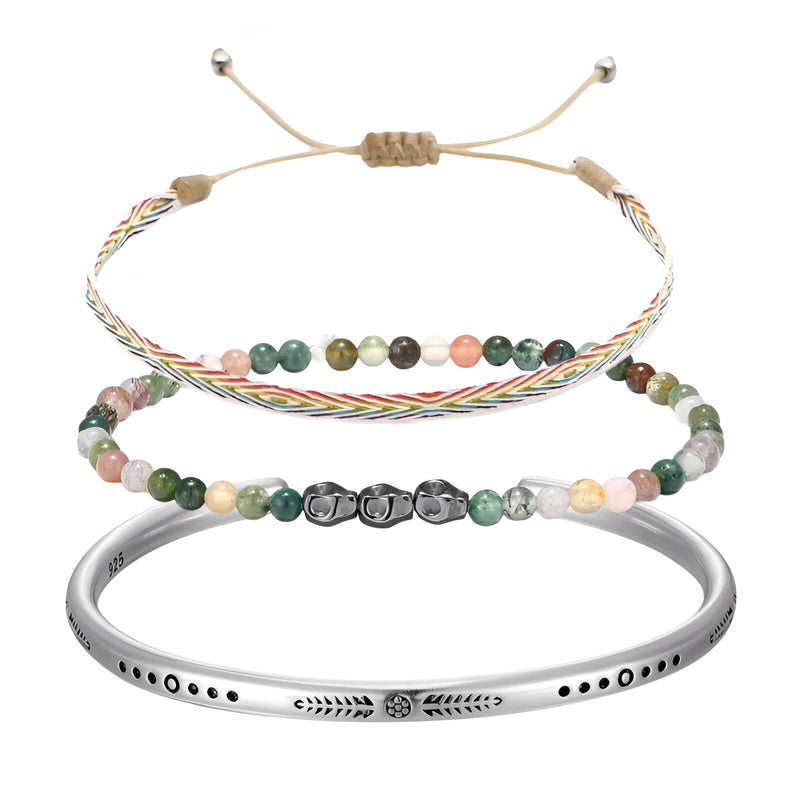 Trio de bracelets homme en jaspe multicolore et argent avec cordon tressé et perles rondes.