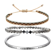Trio de bracelets homme gris en jaspe, argent mat, avec perles et détails ethniques.