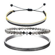 Trio de bracelets tibétains gris en jaspe, argent, cordon tressé et perles avec croix noire.