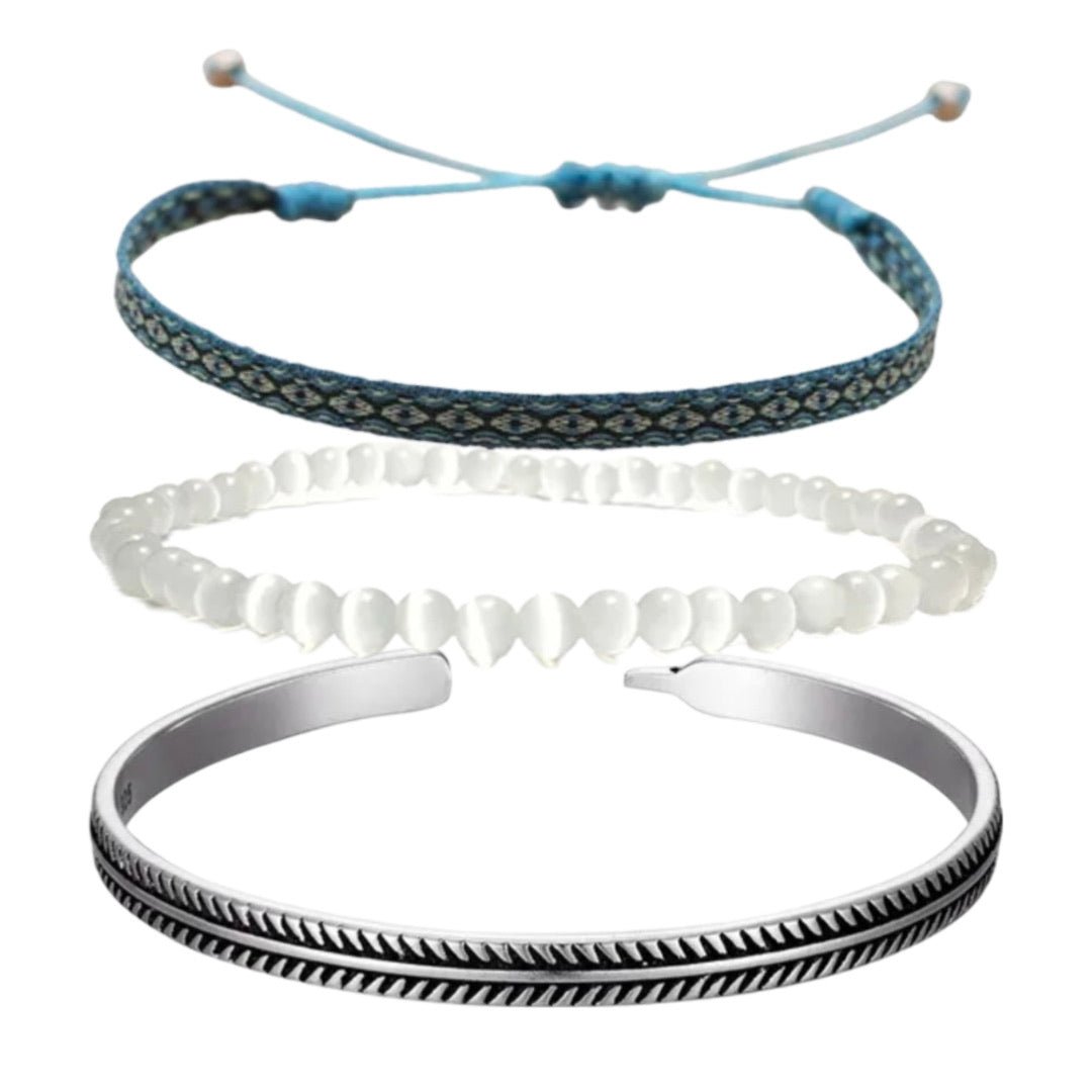 Trio de bracelets tibétains porte - bonheur, en oeil de chat et cuivre, pour homme, modèle Alvaro - La Boutique du Bracelet