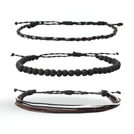 Trio de bracelets homme en pierres naturelles noires et fil ciré marron et noir, style tibétain.