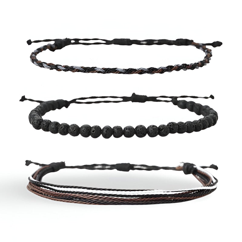 Trio de bracelets homme en pierres naturelles noires et fil ciré marron et noir, style tibétain.