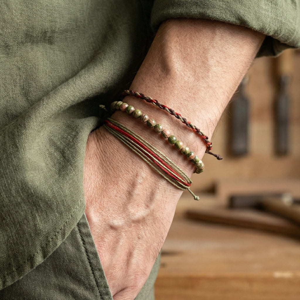Trio de bracelets tibétains porte-bonheur, en pierres naturelles et fil ciré, pour homme, modèle Goncalvo