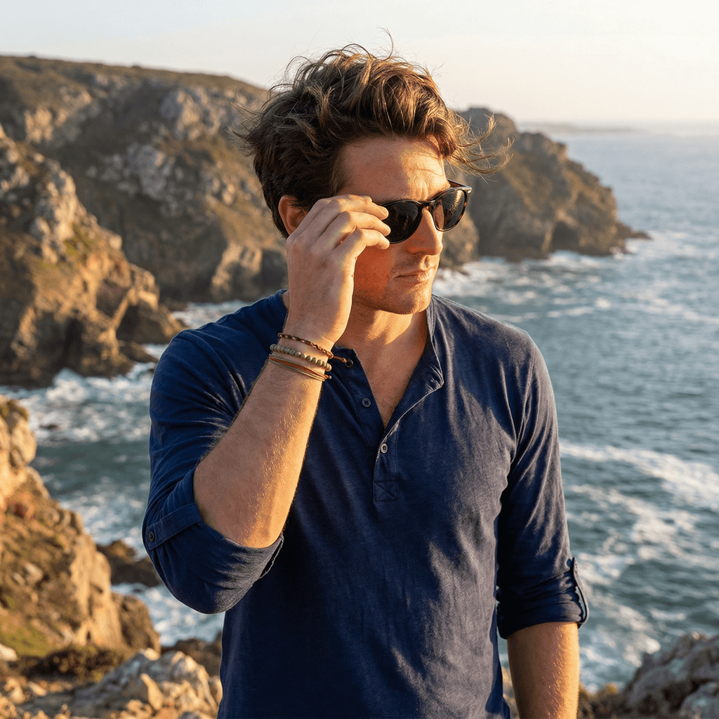 Trio de bracelets tibétains porte-bonheur, en pierres naturelles et fil ciré, pour homme, modèle Goncalvo