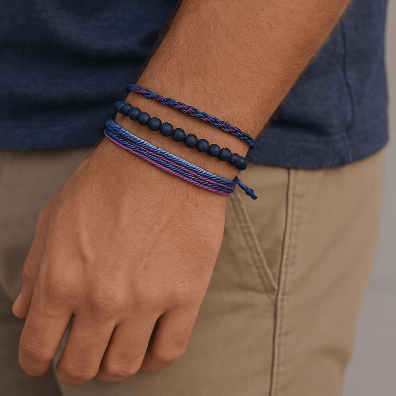 Trio de bracelets tibétains bleus en pierres naturelles et fil ciré, style homme, modèle Goncalvo.