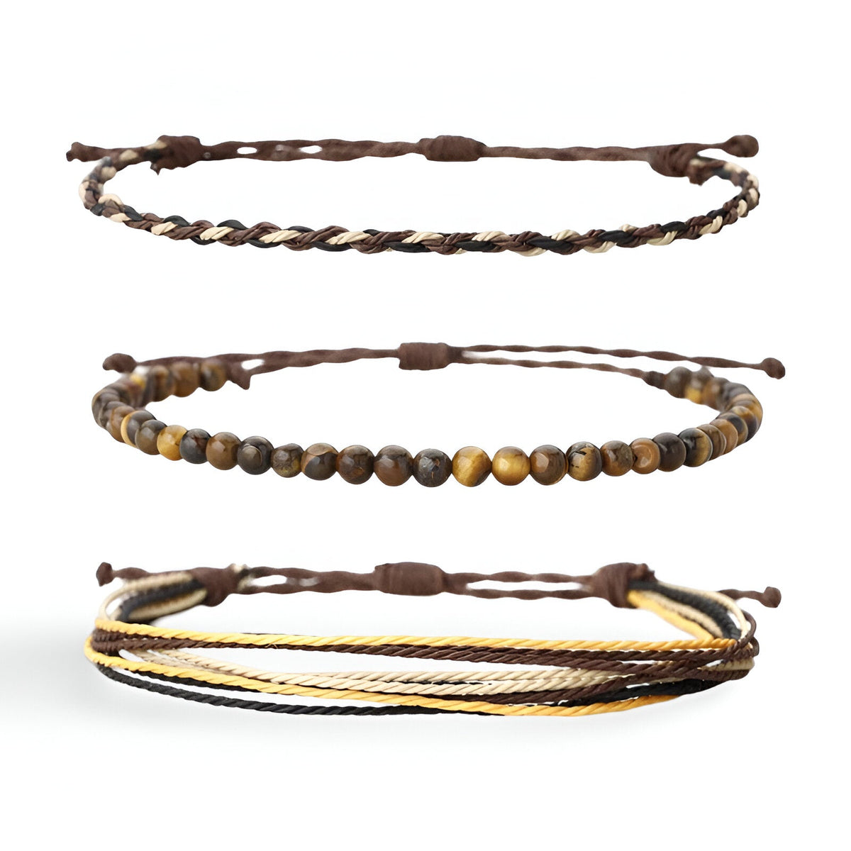 Trio de bracelets tibétains en pierres naturelles œil de tigre et fil ciré marron et jaune, fermoir coulissant.