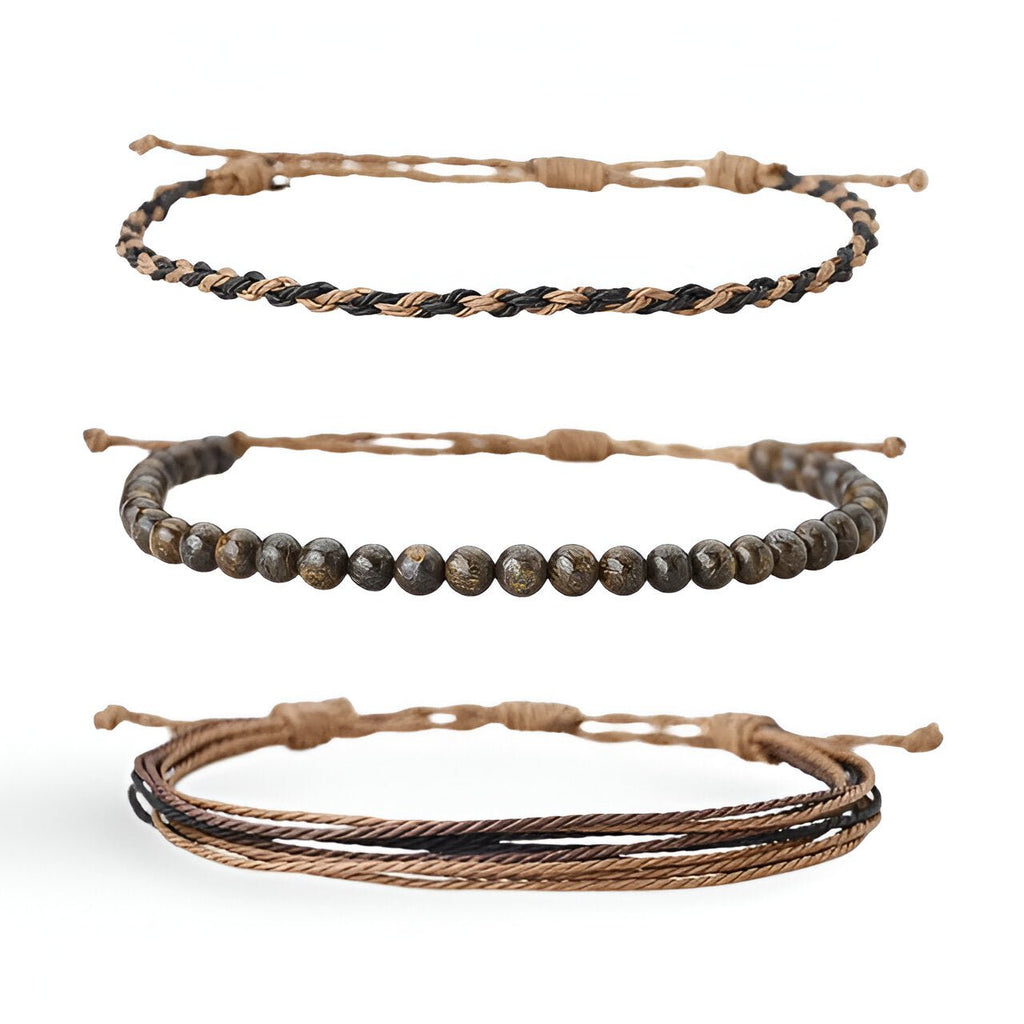 Trio de bracelets tibétains homme en pierres naturelles brunes et fil ciré marron tressé.