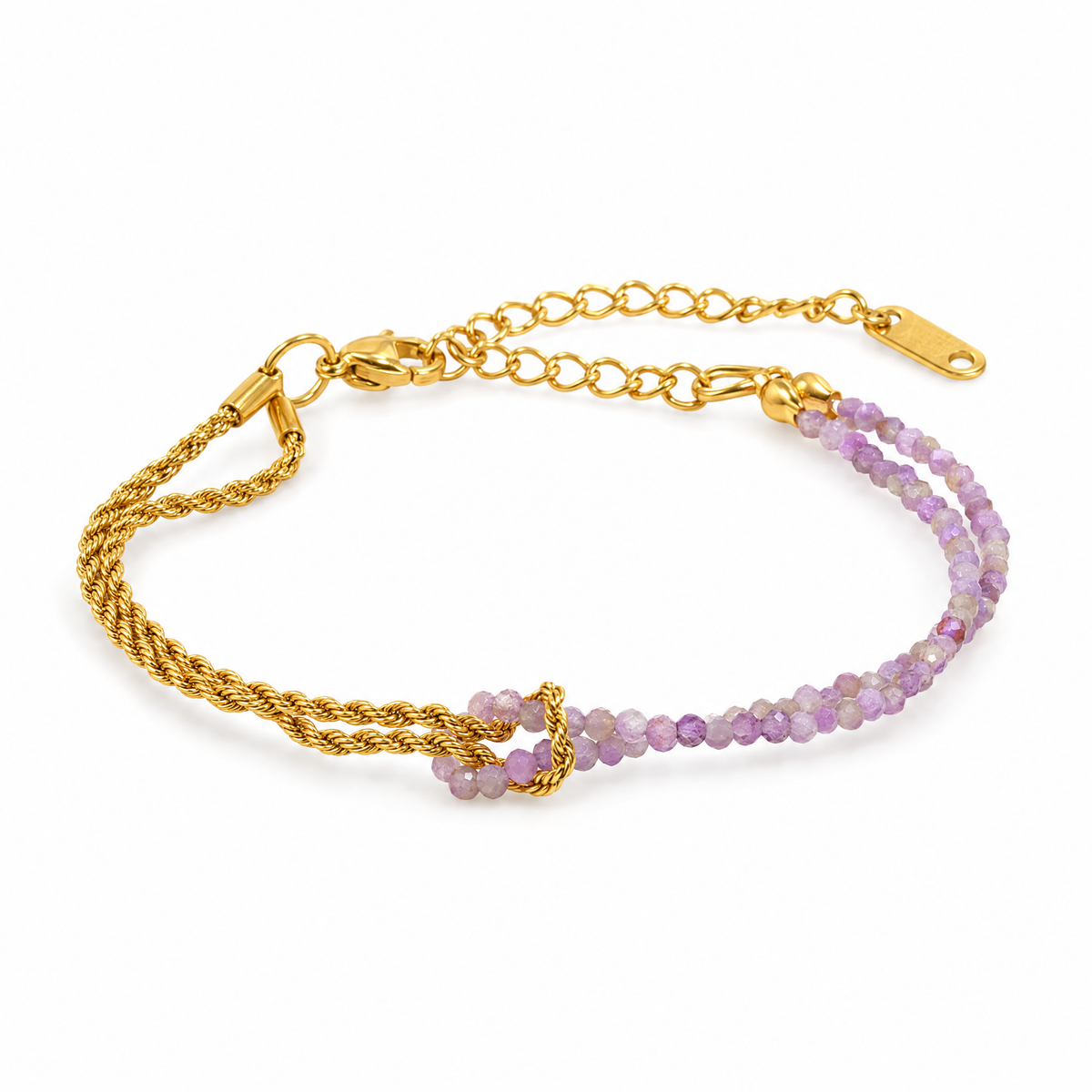 Packshot studio bracelet Wenda Améthyste, vue frontale basse, fond blanc pur — détails verrouillés 10 octobre 2026