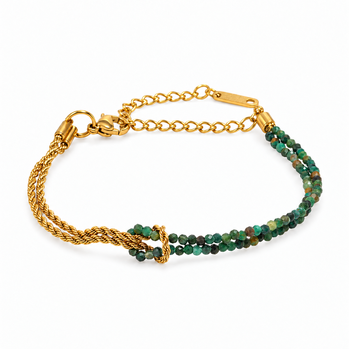 Packshot studio bracelet Wenda Malachite, vue frontale basse, fond blanc pur — détails verrouillés 10 octobre 2026