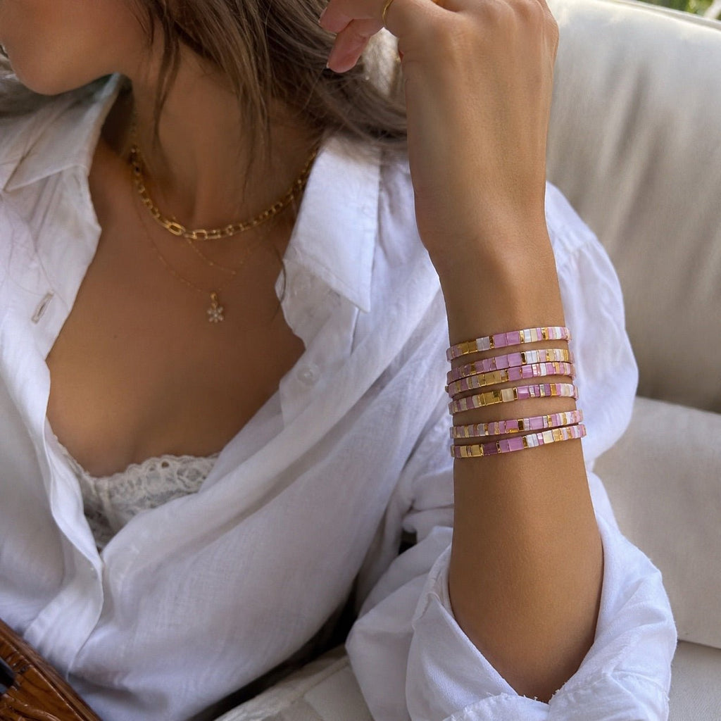 x5 Pulseras de cuentas Miyuki rosas de Japón, conjunto para mujer, joyas elásticas para la muñeca, lote de cinco piezas, accesorios de moda elegantes, modelo Shunpei