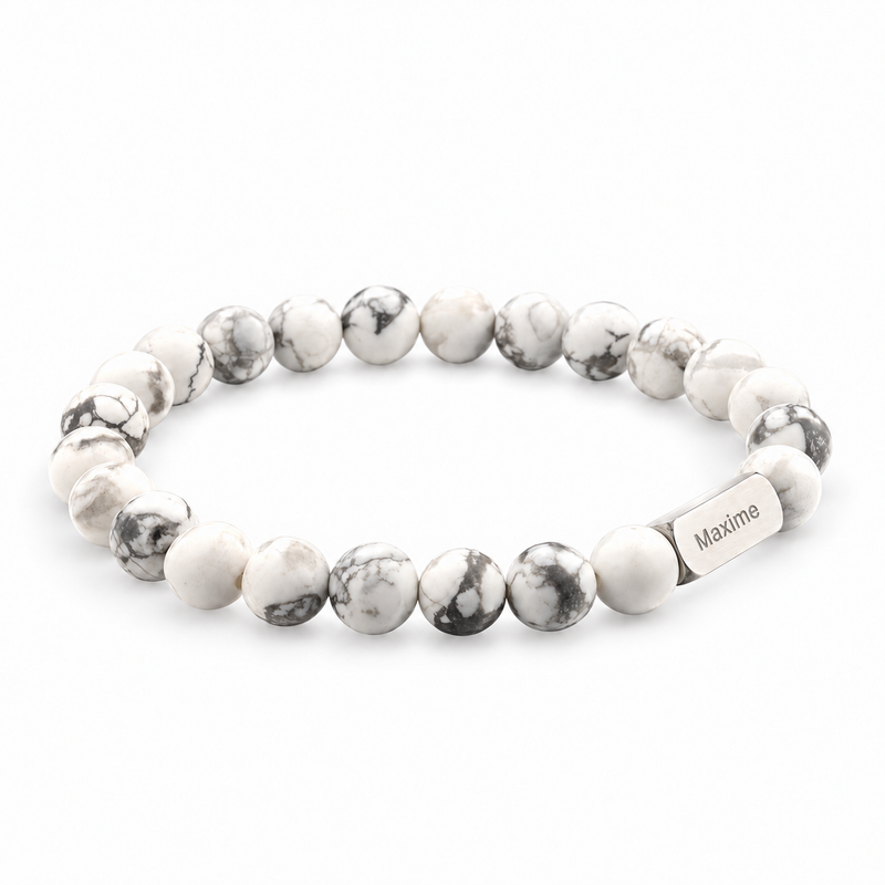 Packshot studio bracelet Zohar Turquoise blanche, vue de face sur fond blanc. — gravure source restaurée 8 octobre 2026