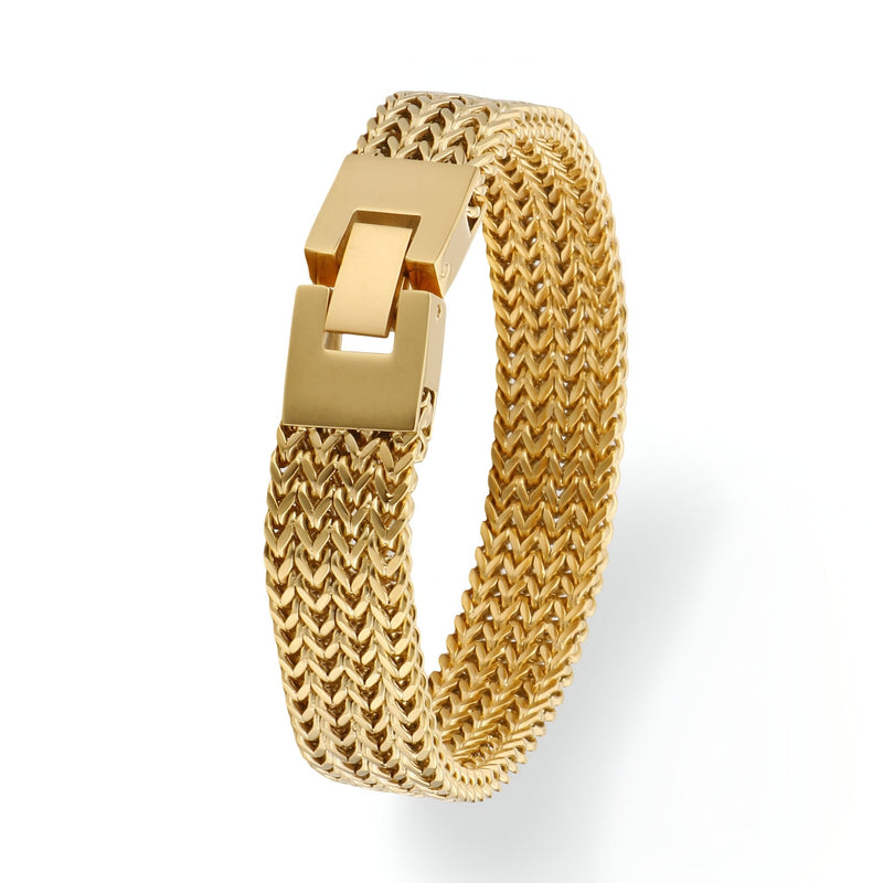 Bracelet homme en acier inoxydable doré avec maillons tressés style montre.