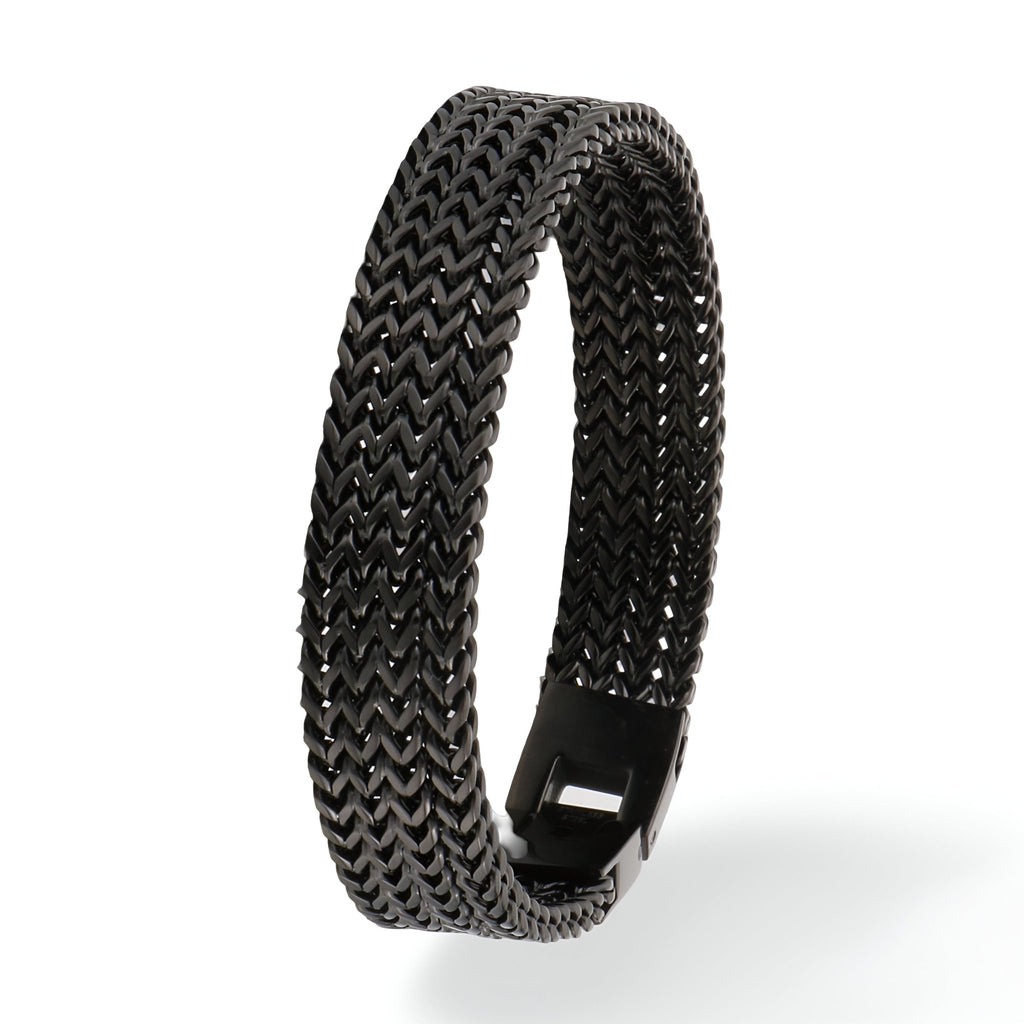 Bracelet homme en acier inoxydable noir tressé style montre avec fermoir métallique noir mat.