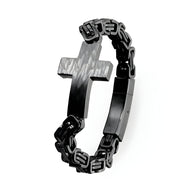 Bracelet pour homme en acier noir brillant avec motif croix centrale lisse et chaîne géométrique.