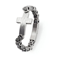Bracelet homme en acier inoxydable noir avec grand motif croix poli et maillons géométriques.