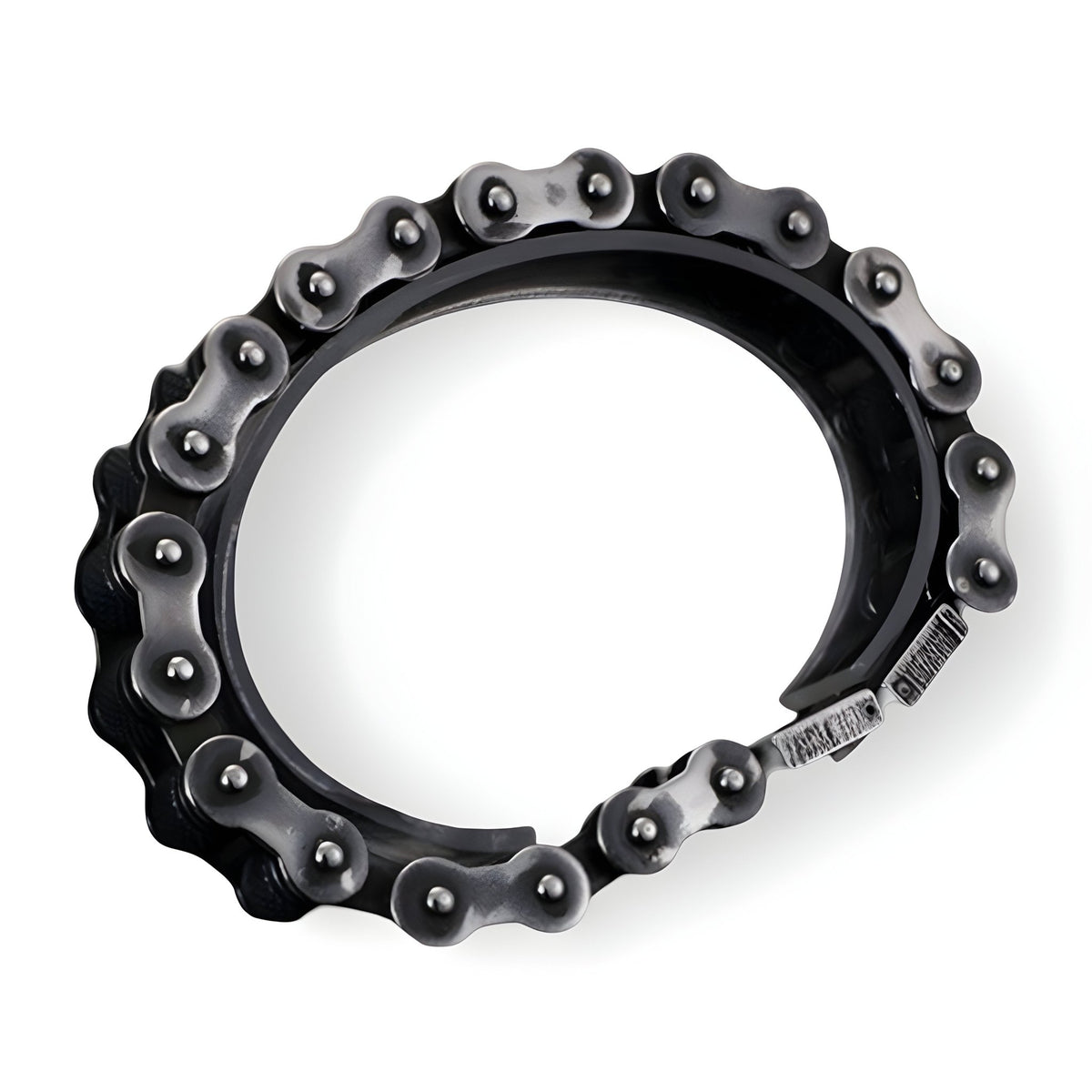 Bracelet chaîne noir en acier inoxydable avec maillons stylisés et fermoir sécurisé.