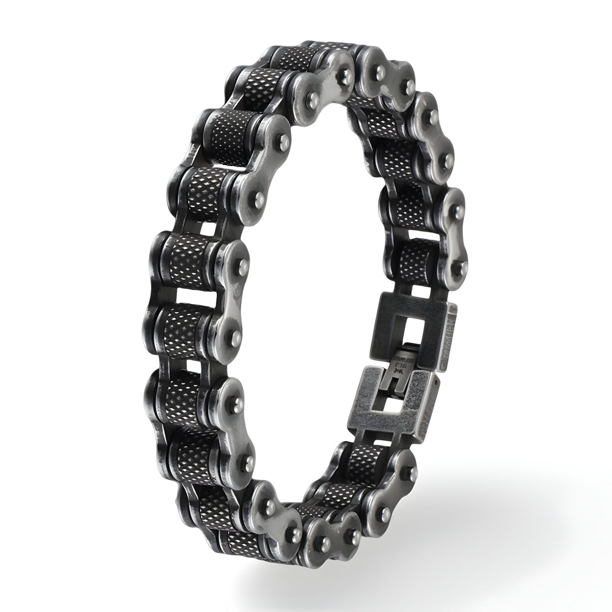 Bracelet chaîne en acier inoxydable noir style maillon de vélo avec fermoir sécurisé.