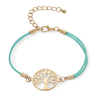Bracelet cordon turquoise avec pendentif arbre de vie doré et fermoir réglable.