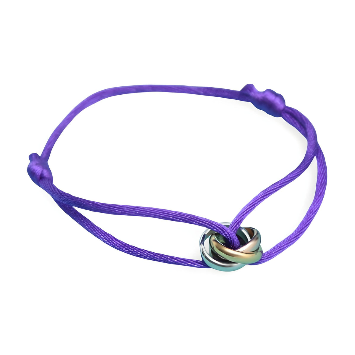 Bracelet cordon violet avec cercles métalliques entrelacés en argent, or et cuivre.