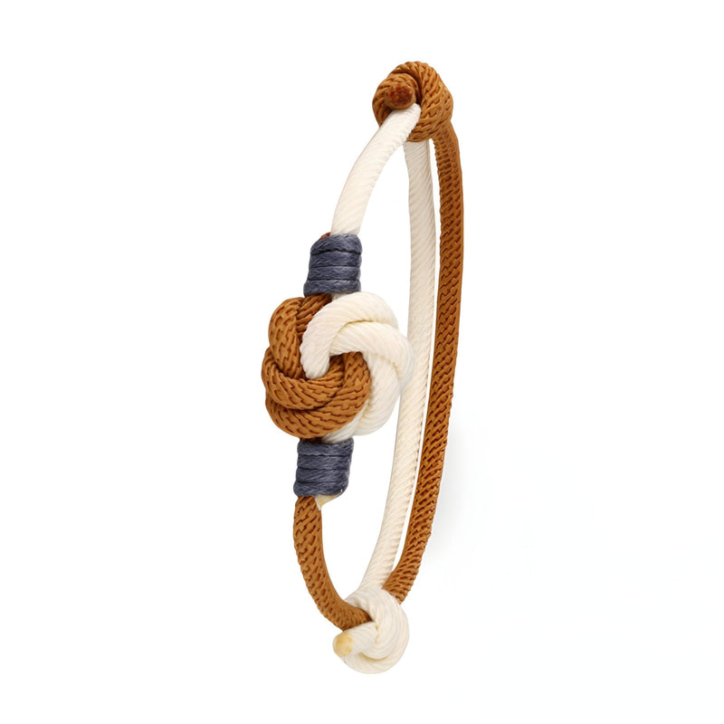 Bracelet cordon homme bicolore marron et beige à nœud central avec finitions grises.