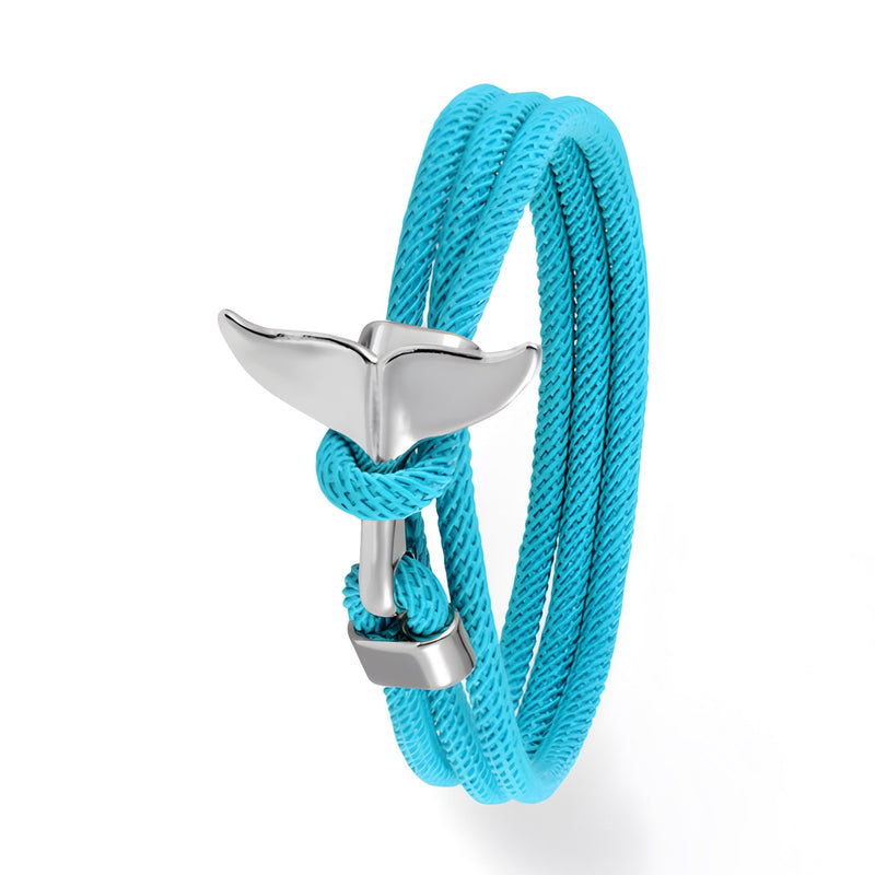 Bracelet cordon turquoise double tour avec pendentif queue de baleine argenté masculin.