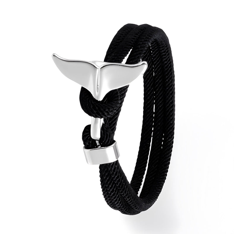 Bracelet cordon noir avec pendentif queue de baleine argentée pour homme, modèle Diego.