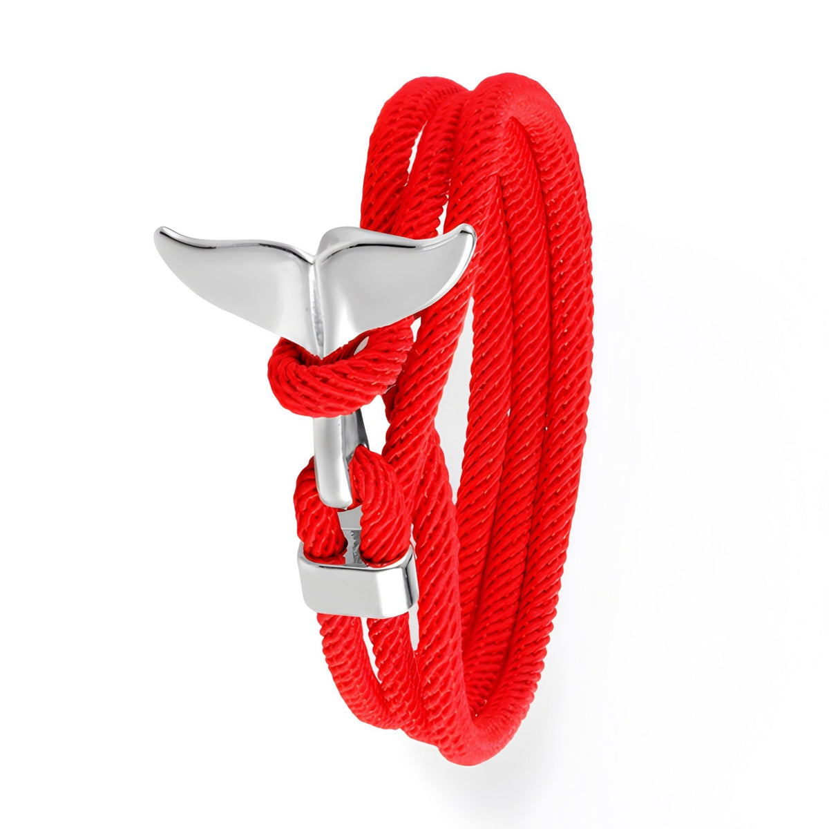 Bracelet cordon rouge pour homme avec breloque queue de baleine argentée, modèle Diego.