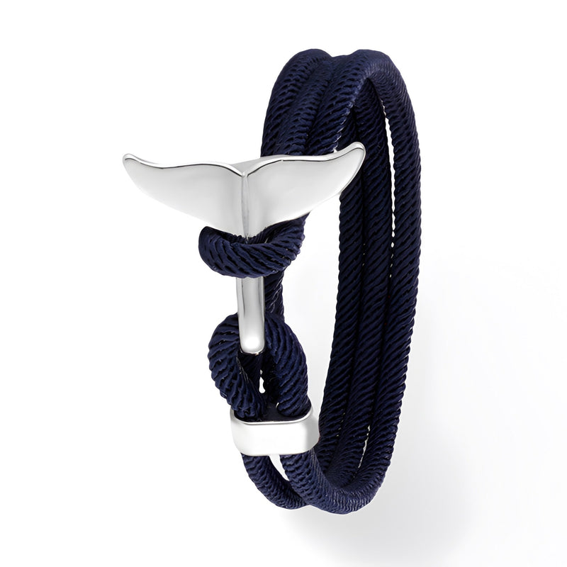 Bracelet cordon bleu marine pour homme avec pendentif queue de baleine argentée modèle Diego.