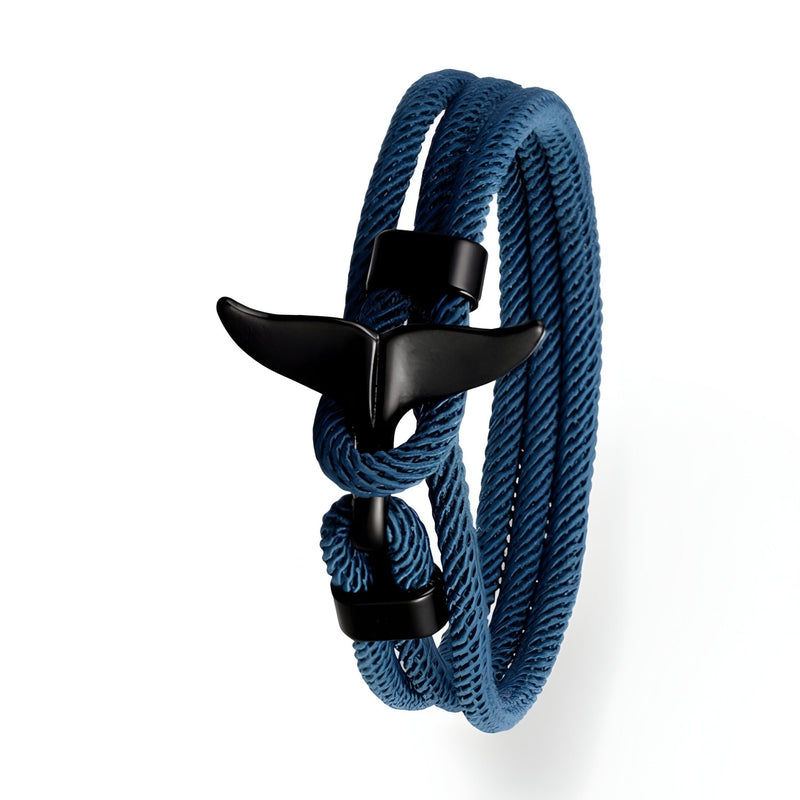 Bracelet cordon bleu à double tour avec fermoir queue de baleine noire en résine.