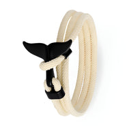 Bracelet cordon beige avec fermoir queue de baleine noire style marin.
