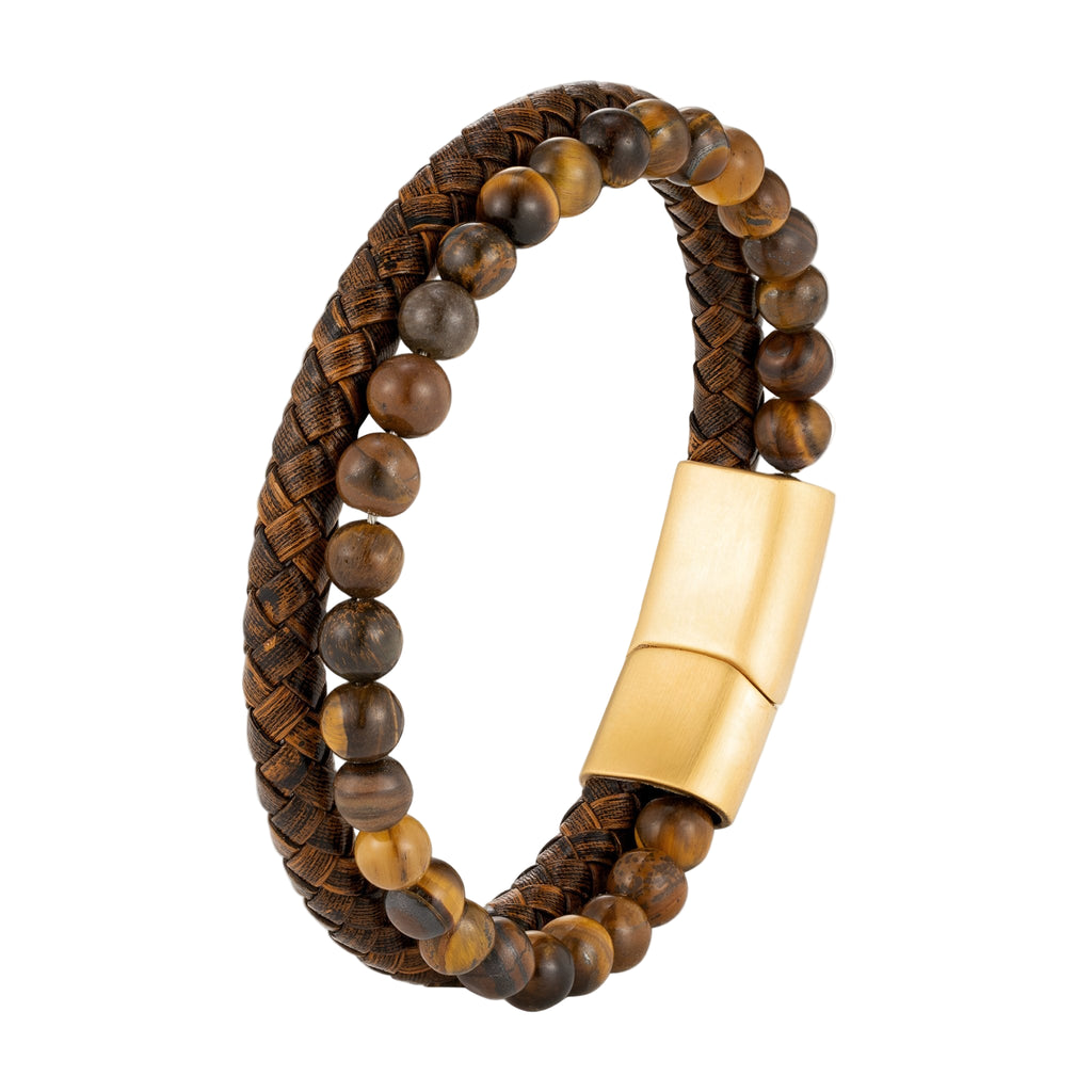 Bracelet double tour en cuir tressé marron et pierres naturelles œil de tigre avec fermoir doré magnétique.