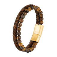Bracelet double tour en cuir tressé marron et pierres naturelles œil de tigre avec fermoir doré magnétique.