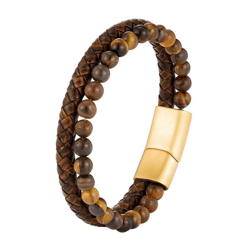 Bracelet double tour en cuir tressé marron et pierres naturelles œil de tigre avec fermoir doré magnétique.