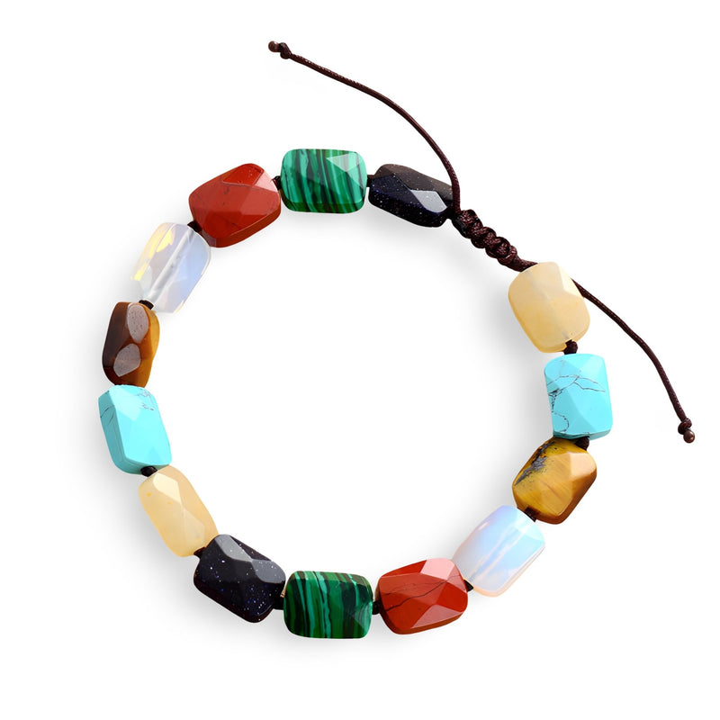 Bracelet femme multicolore en 7 pierres naturelles variées avec cordon ajustable marron.