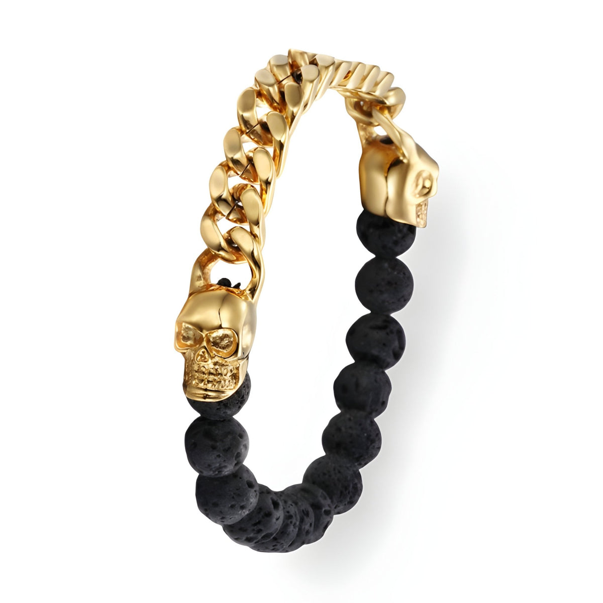 Bracelet homme en acier doré avec perles de pierre volcanique noire et têtes de mort doubles dorées.