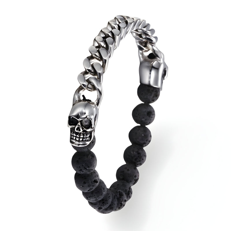 Bracelet homme en acier inoxydable argent avec pierres volcaniques noires et têtes de mort doubles en finition polie.