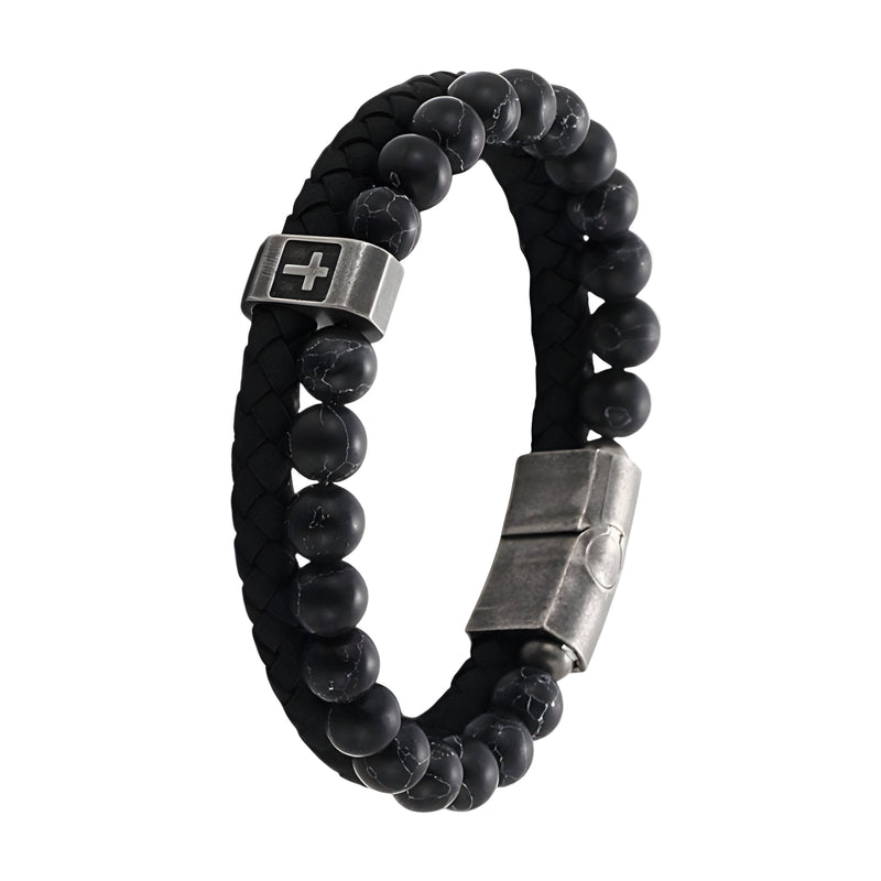 Bracelet homme perles noires acier inoxydable avec motif croix et cuir tressé noir.