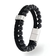 Bracelet homme perles noires et cuir tressé noir avec motif croix en acier inoxydable argenté.