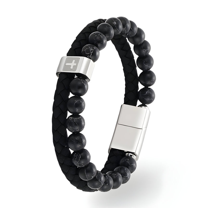 Bracelet homme perles noires et cuir tressé noir avec motif croix en acier inoxydable argenté.