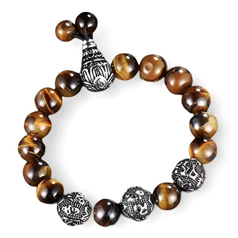 Bracelet pour homme en acier inoxydable avec perles d’œil de tigre marron et détails gravés noirs.