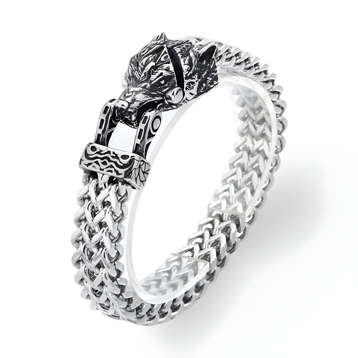 Bracelet argent en acier inoxydable avec fermoir tête de loup enragé, design tressé sophistiqué.